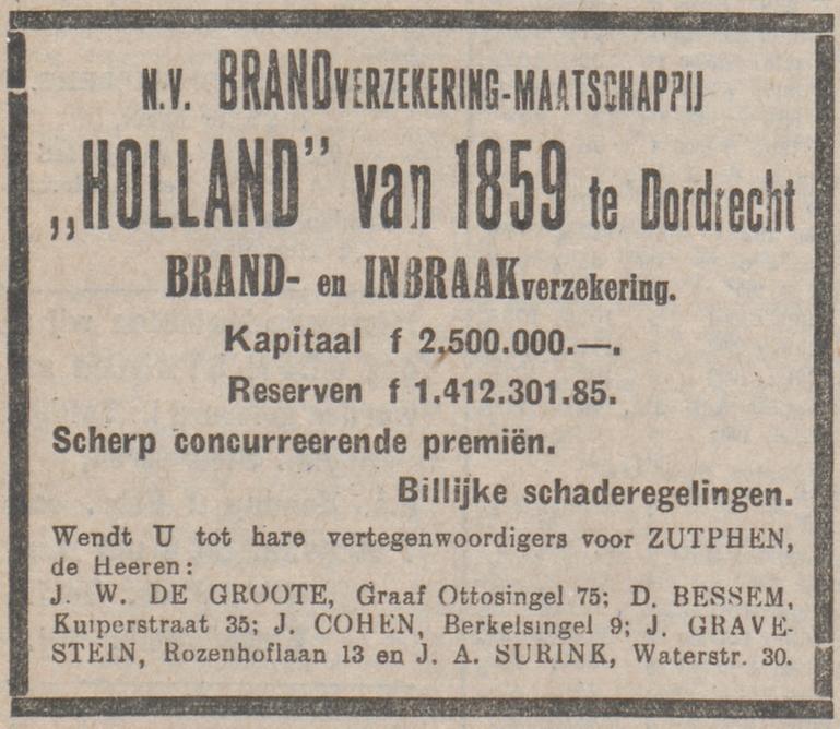 Advertentie brandverzekering, Zutphensch Dagblad 31-1-1930