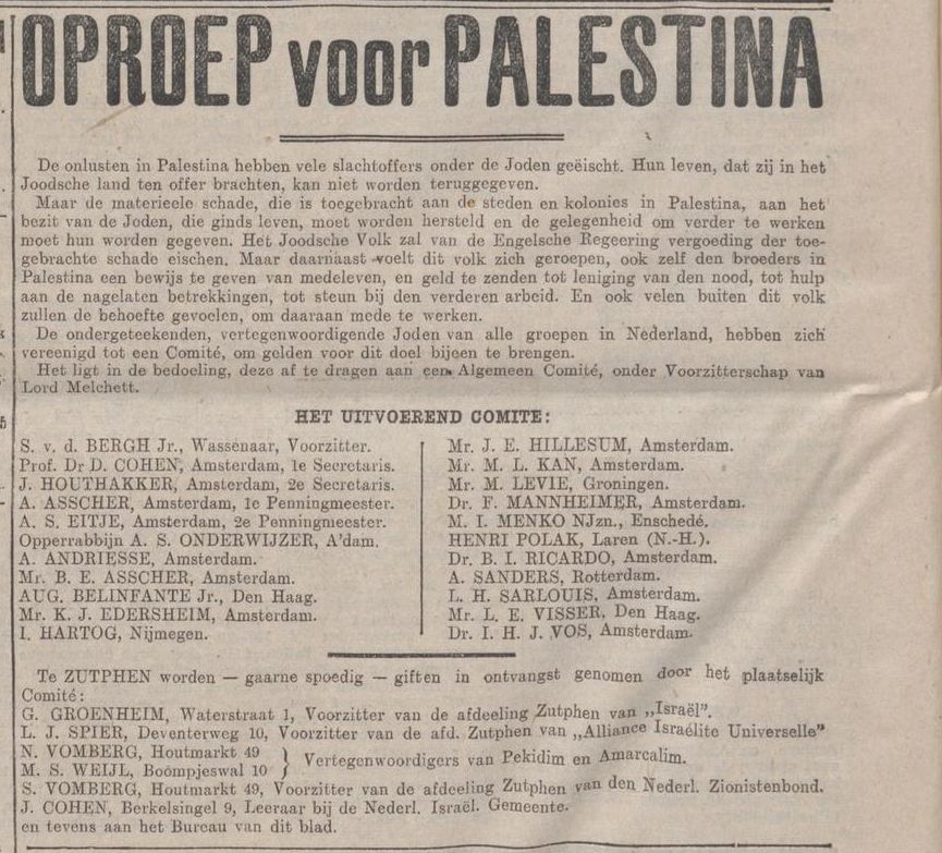 Oproep voor Palestina, Zutphensche courant 17-9-29