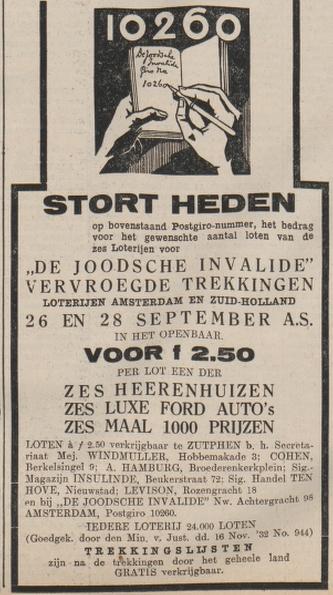 Loterij De Joodsche Invalide Zutphensch dagblad 13-9-1933